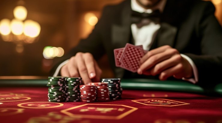 Tampilan live dealer Dragon Tiger dengan satu kartu untuk Dragon dan satu untuk Tiger